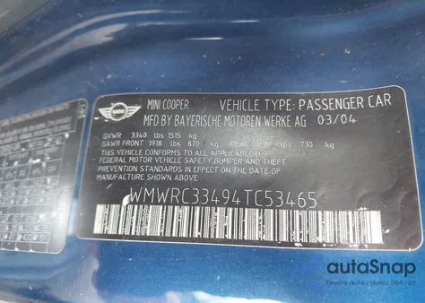 2004 Mini Cooper из США, поврежденный, VIN WMWRC33494TC53465